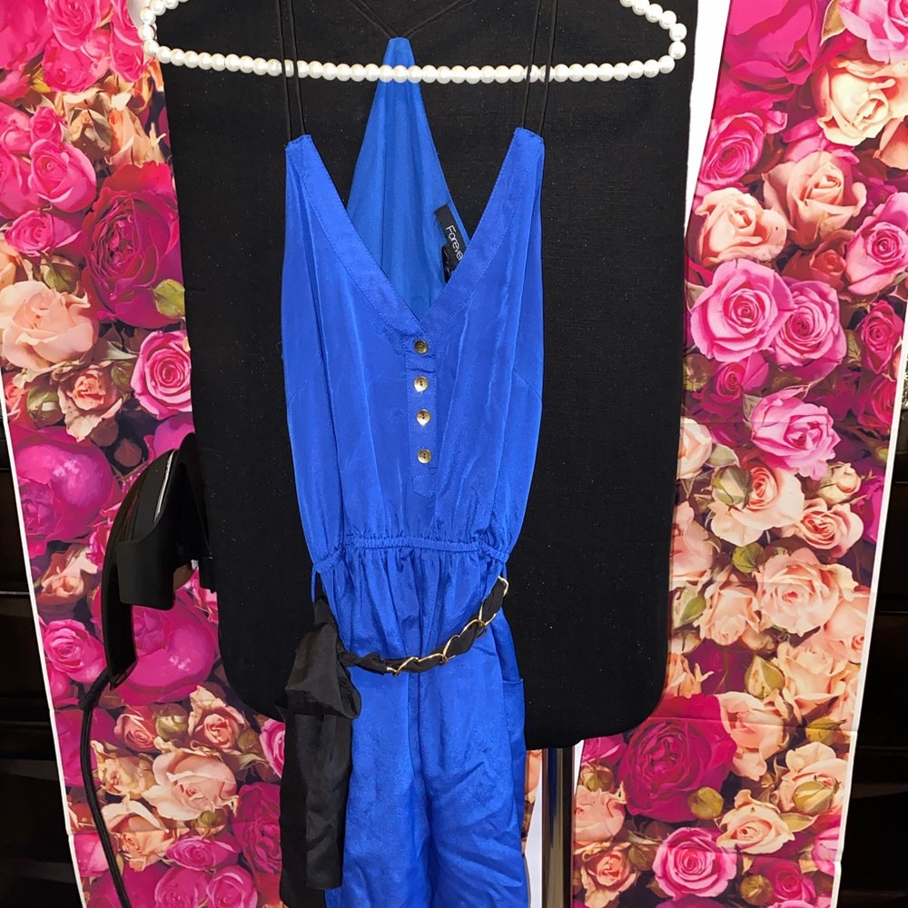 Forever 21 women mid length dress , blue with gold buttons, black belt